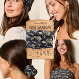 Collage of a woman wearing a floral headband and top, with packaging labeled 'Boho Bandeau' from natural life brand.