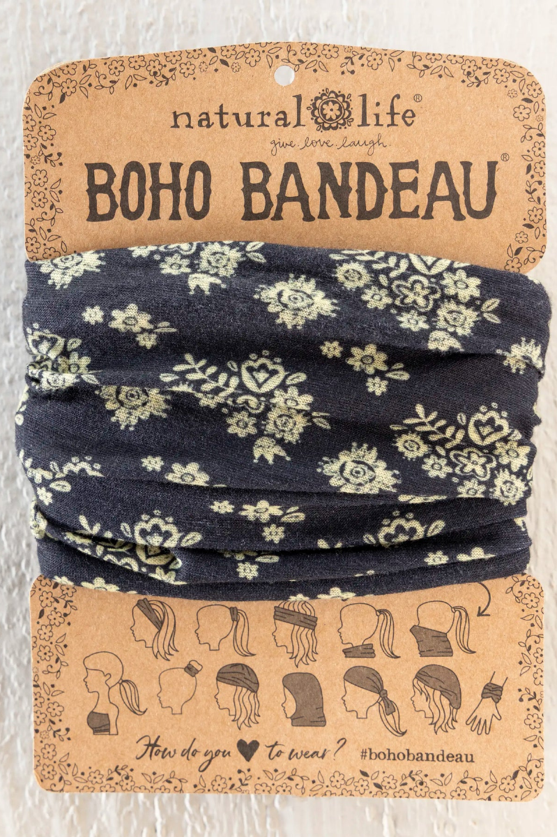 Boho bandeau with floral pattern on a cardboard packaging. Full Boho Bandeau® Headband | Black Cluster Medallions