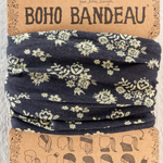 Boho bandeau with floral pattern on a cardboard packaging. Full Boho Bandeau® Headband | Black Cluster Medallions