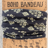 Boho bandeau with floral pattern on a cardboard packaging. Full Boho Bandeau® Headband | Black Cluster Medallions