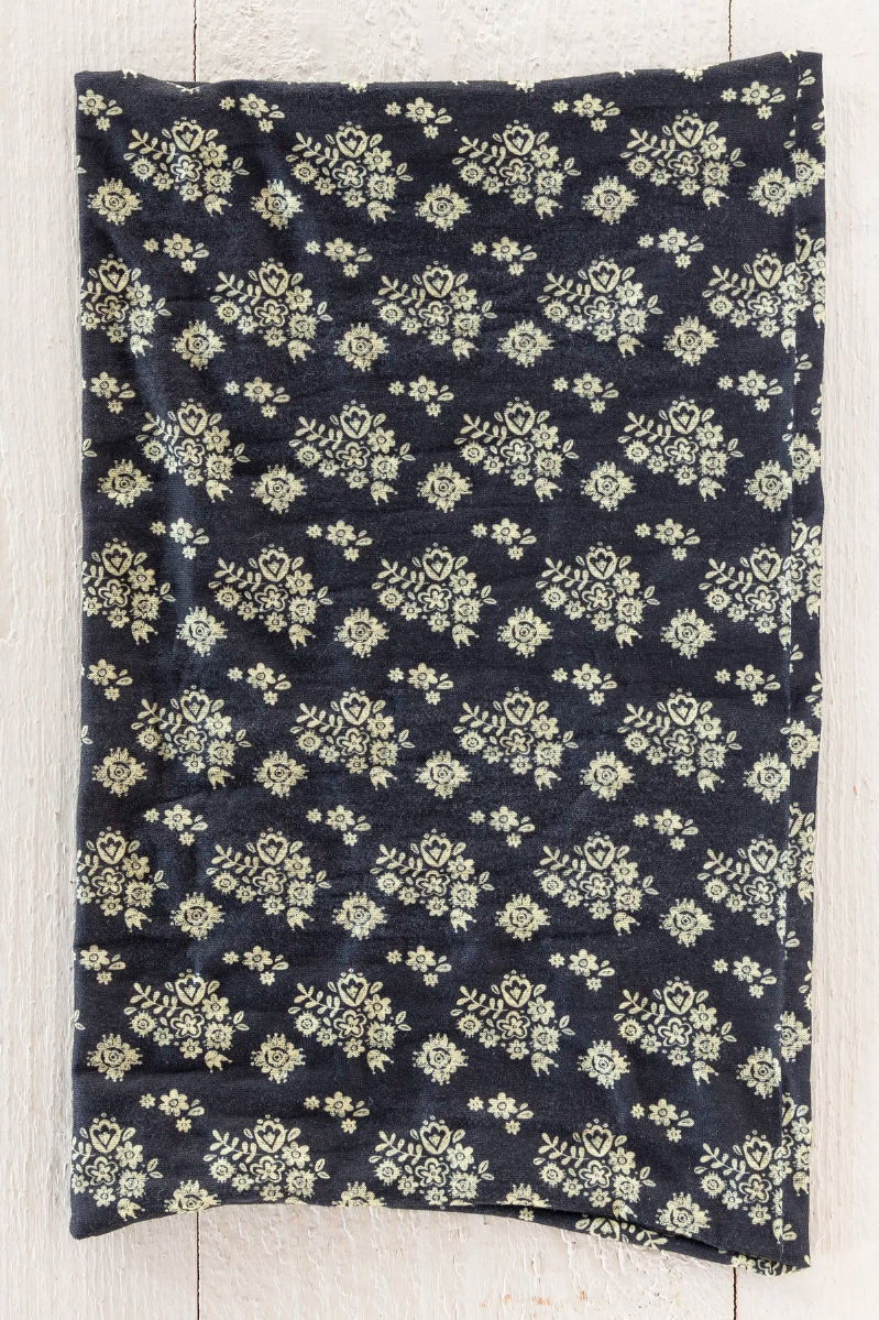 Navy blue fabric with white floral pattern on a wooden surface