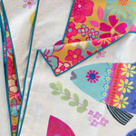 Colorful fabric with floral patterns on a white surface