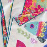 Colorful fabric with floral patterns on a white surface