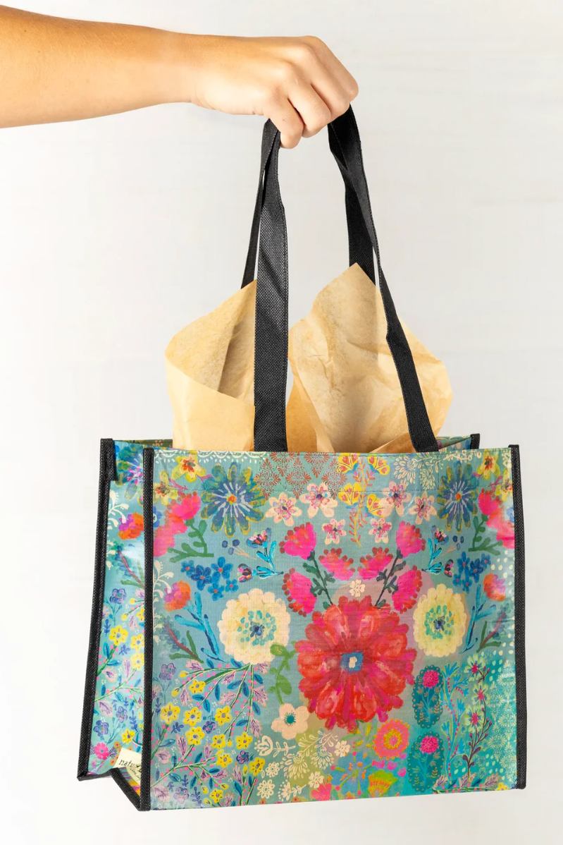 Medium Happy Bag | Natural Life | Aqua Folk Flower