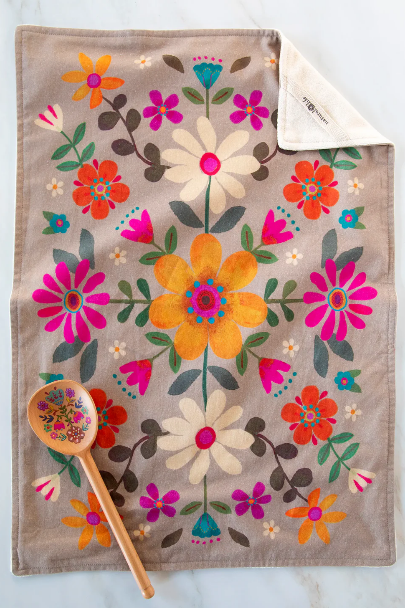 Cotton Dish Towel | Natural Life | Taupe Folk Flower