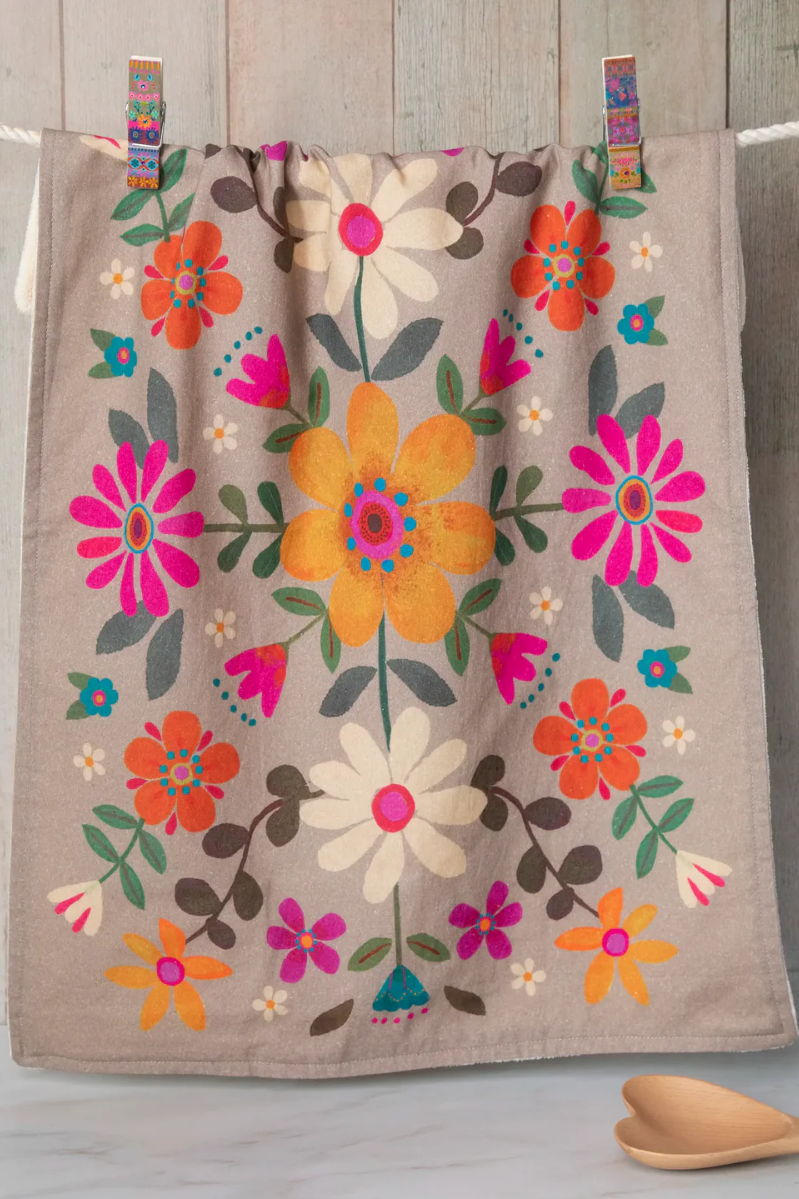 Cotton Dish Towel | Natural Life | Taupe Folk Flower
