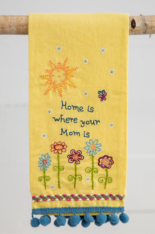 Linen Embroidered Hand Towel | Natural Life | Home is Where Your Mom is | Yellow and Teal