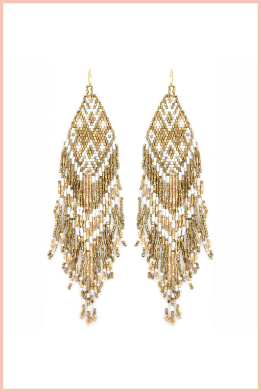 AZTEC SEEDBEAD TASSEL EARRINGS | GOLD/WHITE