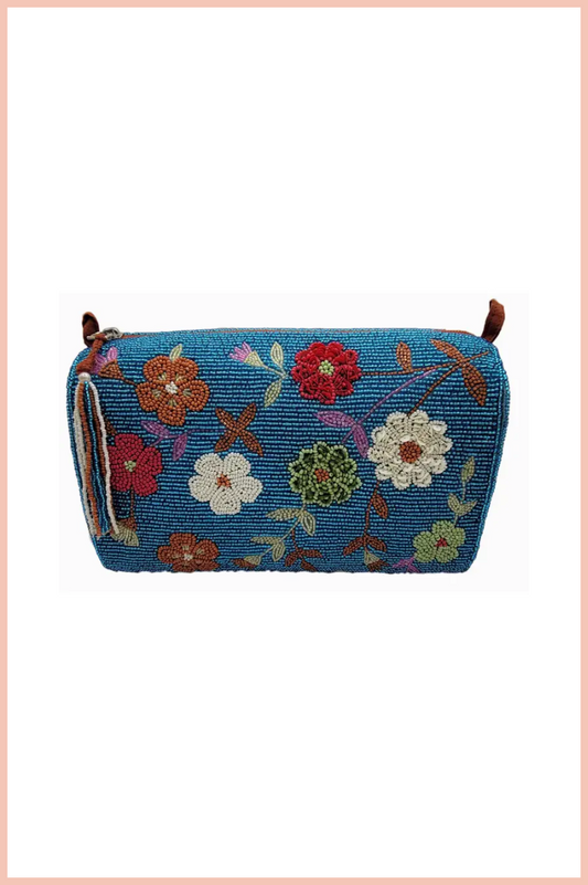 BLUE FLORAL COSMETIC BEADED BAG