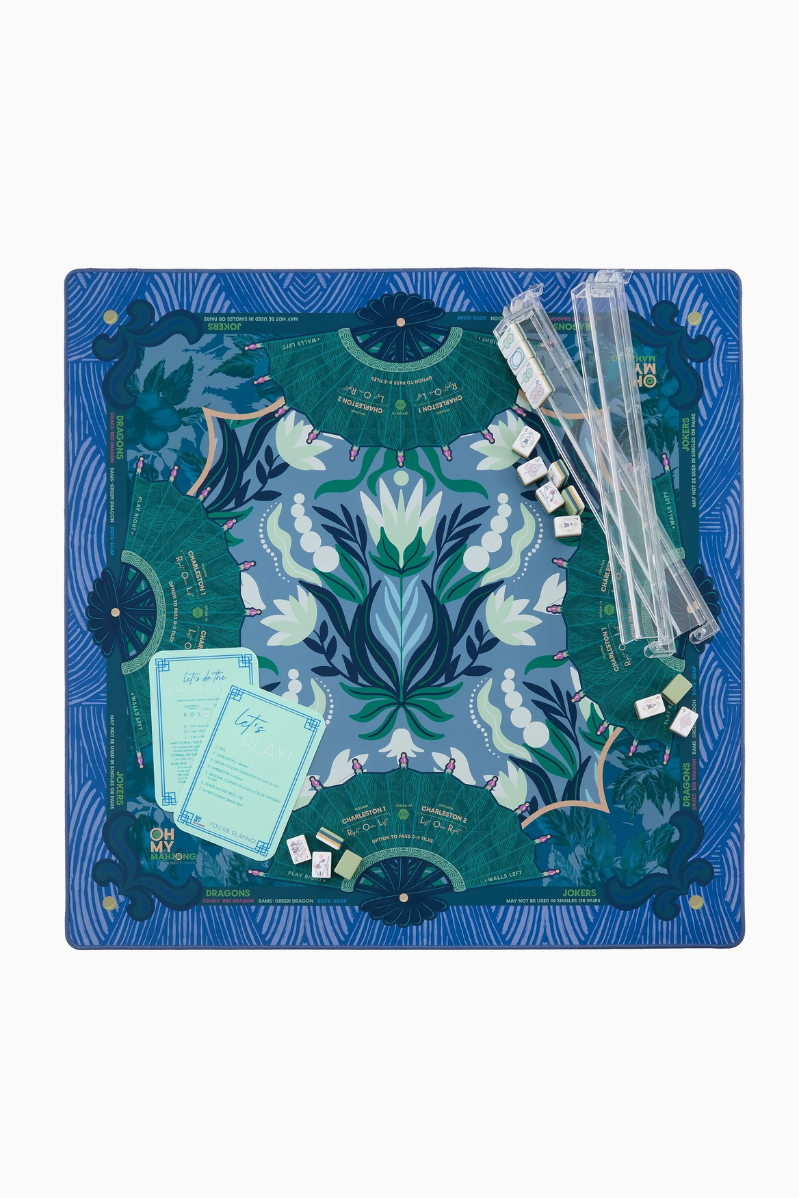 Decorative blue and green matzah plate with Passover elements on a white background | Jade Mat in Tube | Oh My Mahjong