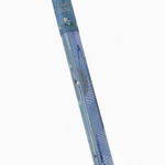 Blue cylindrical product with decorative patterns on a white background