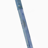 Blue cylindrical product with decorative patterns on a white background