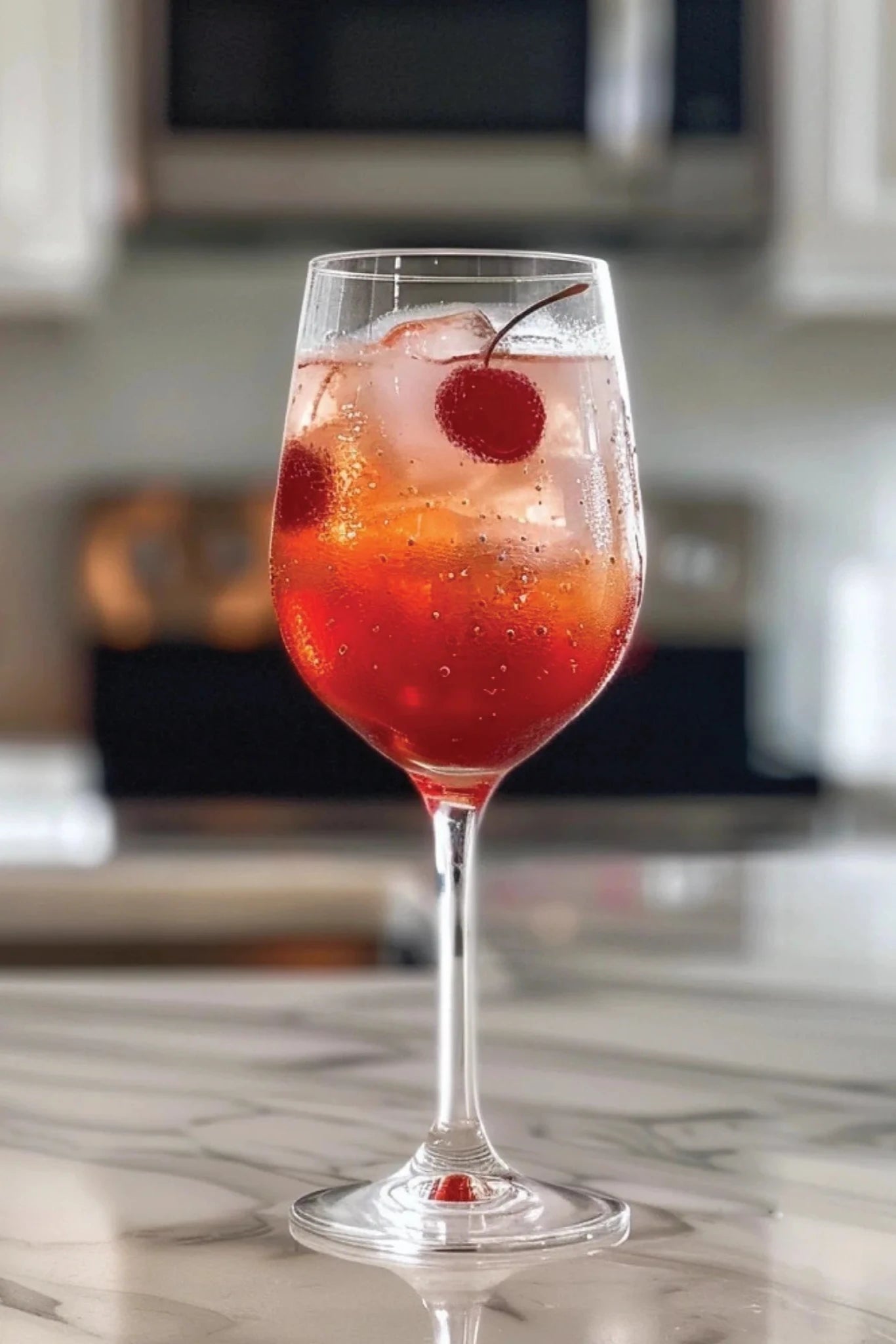 Glass of red cocktail with cherries on a marble countertop