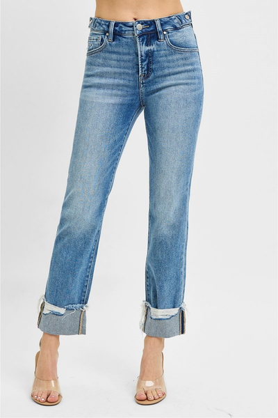 RISEN Tummy Control High Rise Crop Straight-Cuffed Denim | Medium Wash