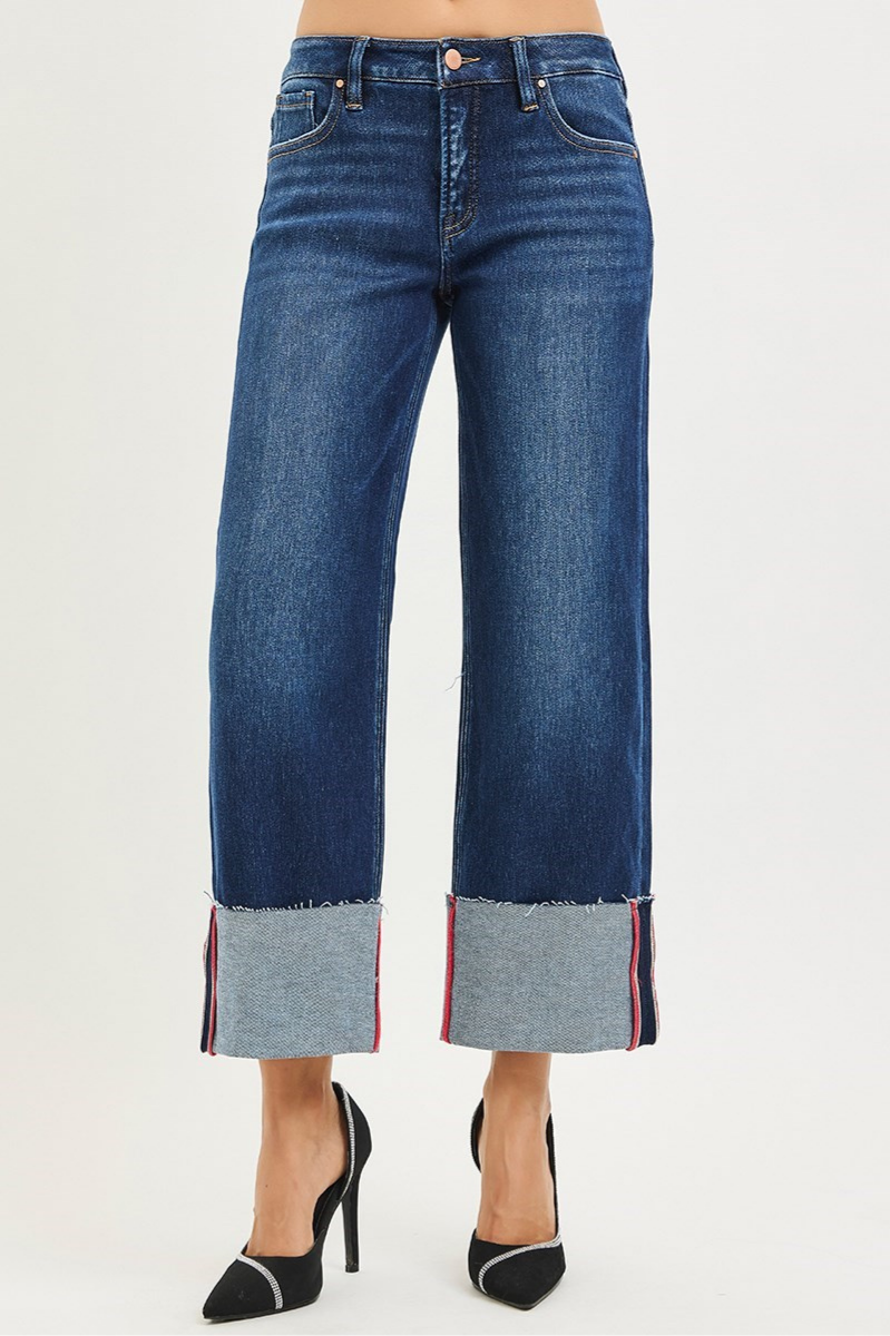 RISEN Tummy Control Mid Rise Crop Wide Cuffed Jeans