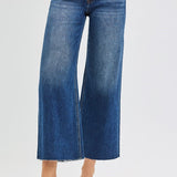 RISEN Mid Rise Crop Wide Raw Cut Hem Jeans