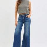 RISEN Mid Rise Crop Wide Raw Cut Hem Jeans