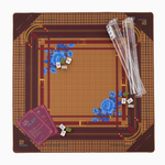 Mahjong game setup with dice and components on a brown and gold board