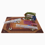 Board game set with pieces and components on a white background