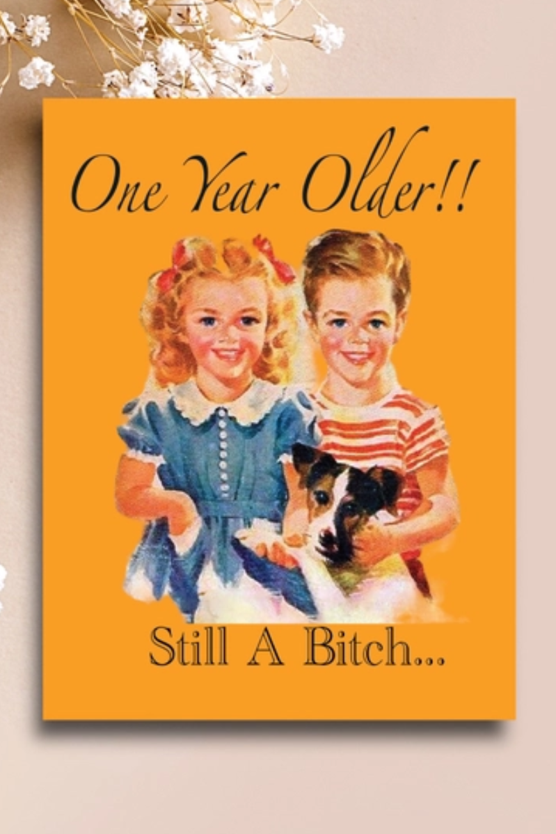Vintage-style illustration of two children with a dog on an orange background with text.