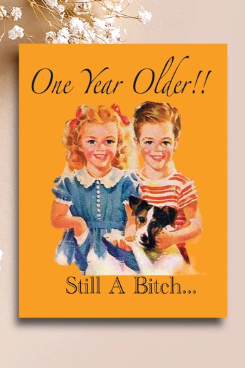 Vintage-style illustration of two children with a dog on an orange background with text.
