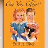 Vintage-style illustration of two children with a dog on an orange background with text.