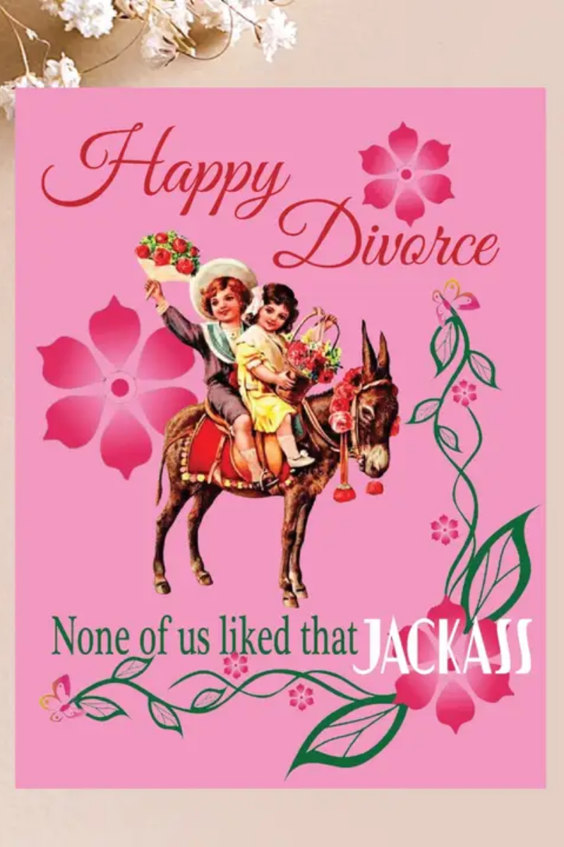 Vintage-style card with children on a donkey, flowers, and text on a pink background.