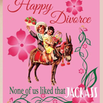 Vintage-style card with children on a donkey, flowers, and text on a pink background.