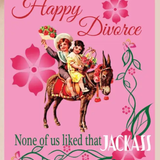 Vintage-style card with children on a donkey, flowers, and text on a pink background.