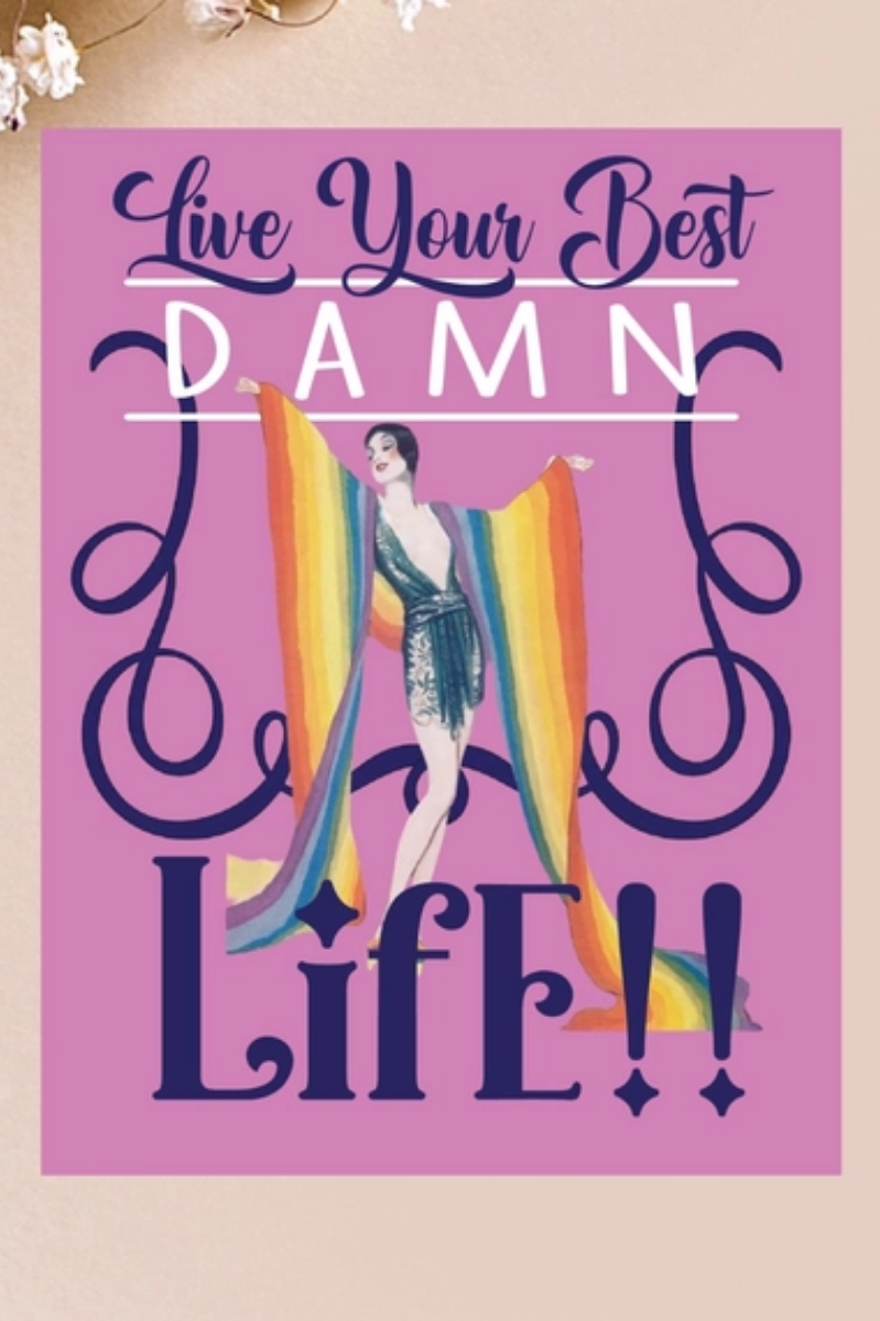 Motivational poster with colorful text and a woman in a dress on a pink background