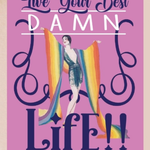 Motivational poster with colorful text and a woman in a dress on a pink background
