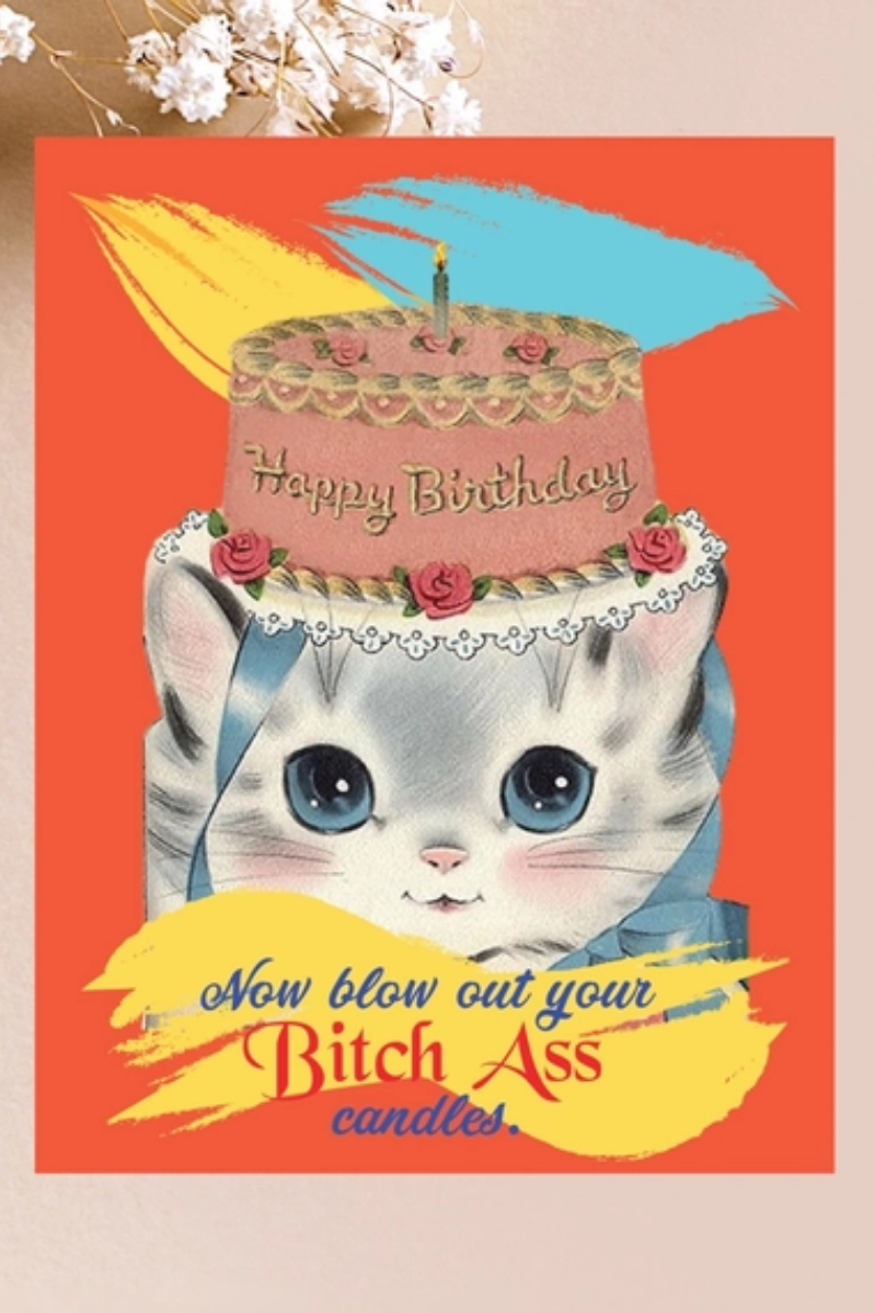 Vintage-style birthday card with a cat holding a cake and text on an orange background.
