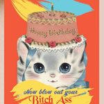 Vintage-style birthday card with a cat holding a cake and text on an orange background.