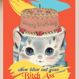Vintage-style birthday card with a cat holding a cake and text on an orange background.