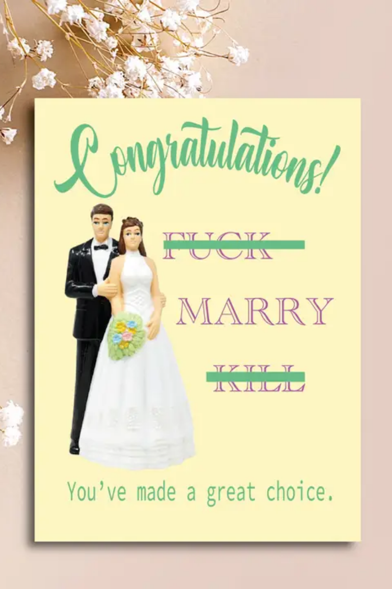 Card with cartoon bride and groom illustration and text on a beige background