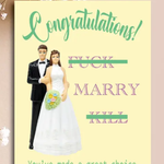 Card with cartoon bride and groom illustration and text on a beige background
