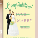 Card with cartoon bride and groom illustration and text on a beige background