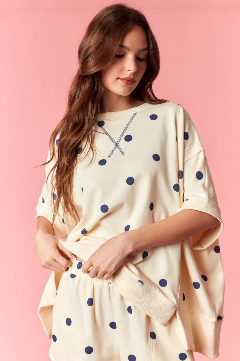 Polka Dot Print French Terry Dolman Sweatshirt