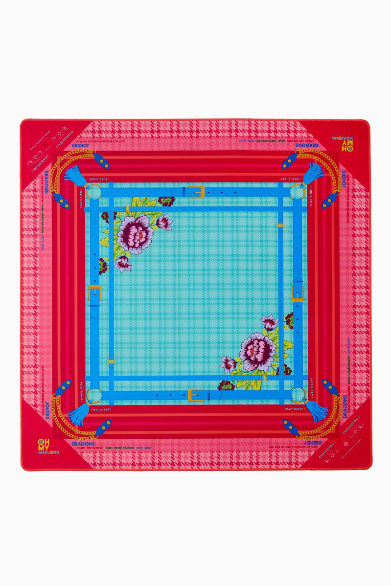 Tile/Game mat with a red border and blue grid pattern on a white background. COMING SOON! Penelope Mat in Tube | Oh My Mahjong