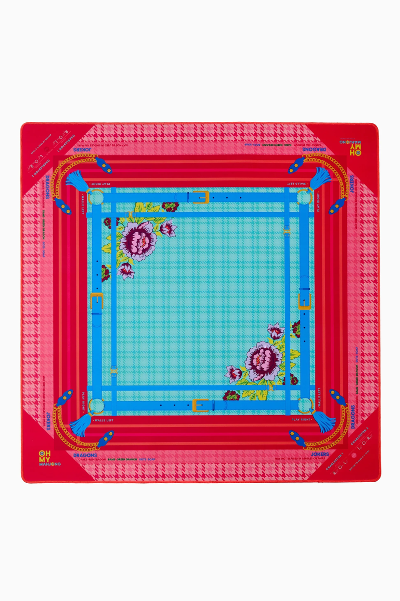 Tile/Game mat with a red border and blue grid pattern on a white background. COMING SOON! Penelope Mat in Tube | Oh My Mahjong