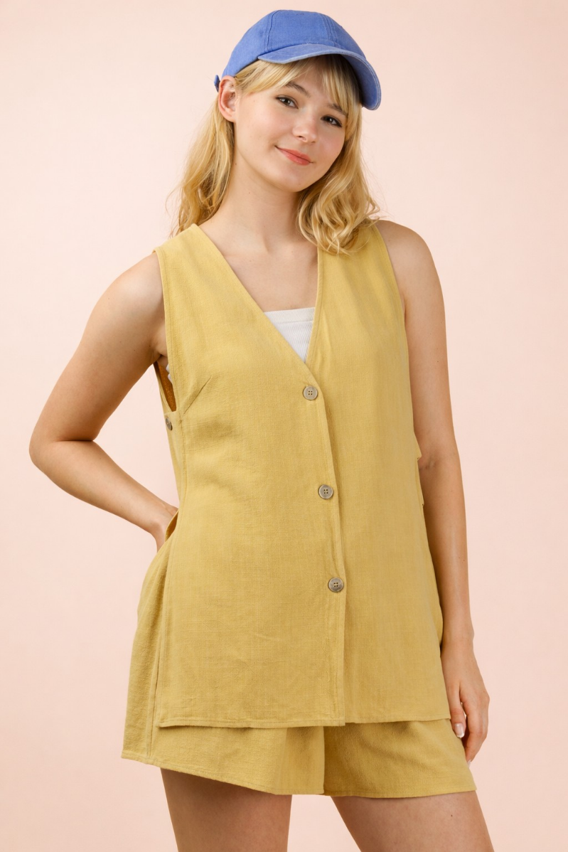 Sunlit Stroll Linen Button Vest Top | Yellow