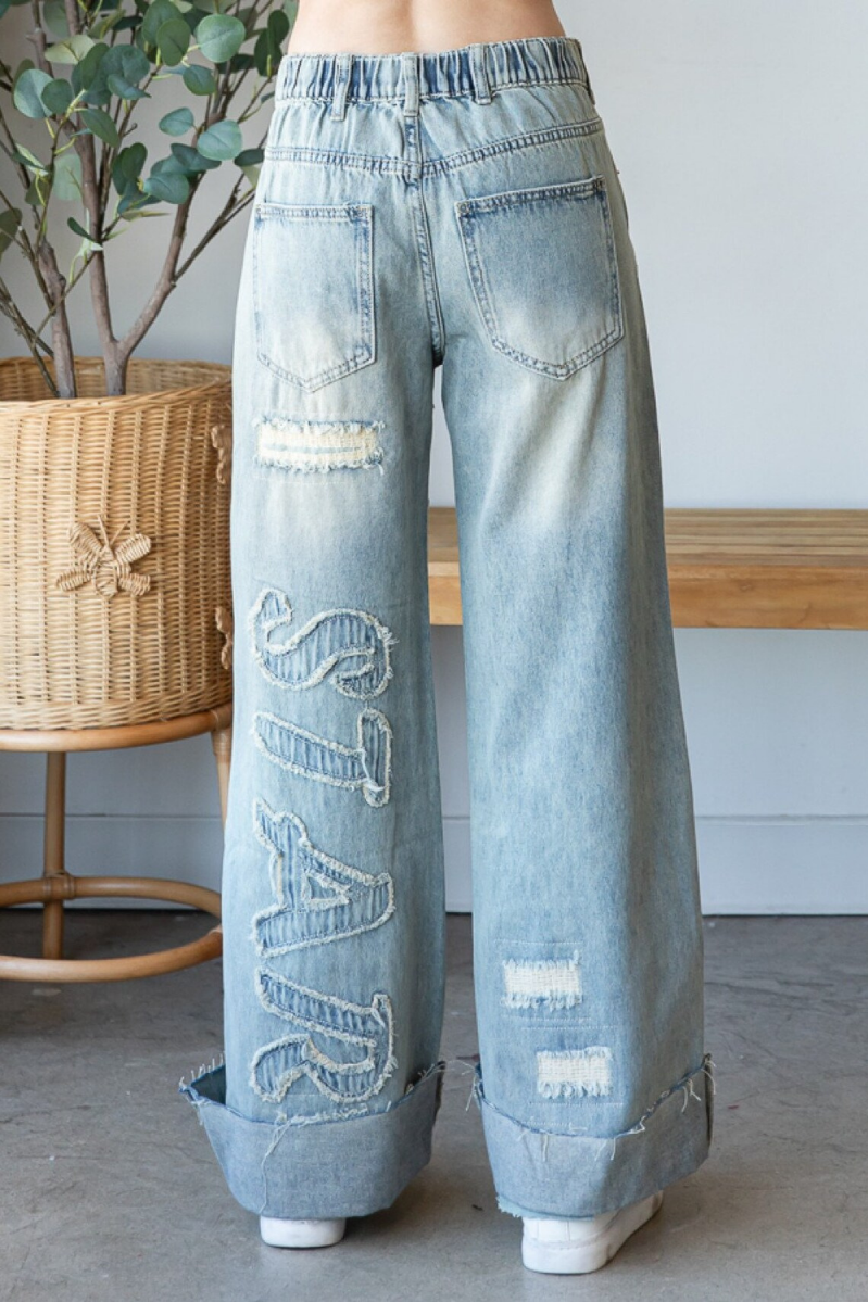 Washed Super Star Patch Denim Pants | Light Wash | Fabric: Cotton | Polyester | Spandex