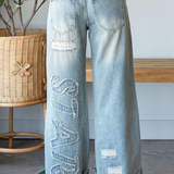 Washed Super Star Patch Denim Pants | Light Wash | Fabric: Cotton | Polyester | Spandex