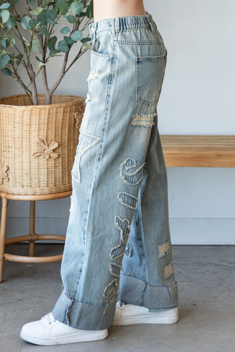 Washed Super Star Patch Denim Pants | Light Wash | Fabric: Cotton | Polyester | Spandex