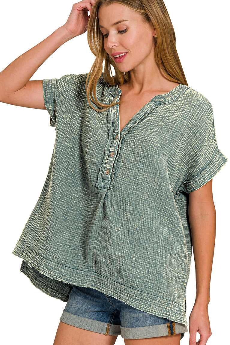 Washed Double Gauze Henley Top | Ash Jade