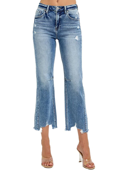 RISEN High Rise Crop Straight Distresses Hem Denim | Medium Wash