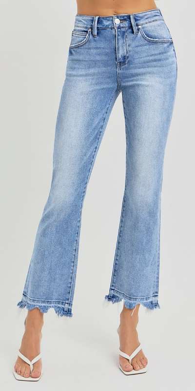 RISEN High Rise Crop Straight Slim Jeans | Medium Wash