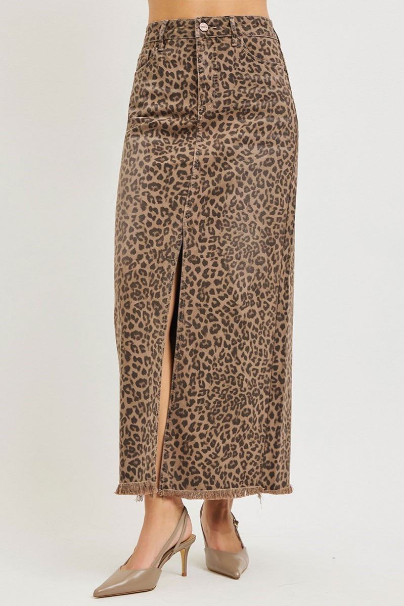 Leopard print skirt with a front slit on a white background