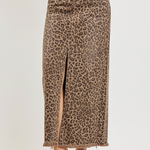 Leopard print skirt with a front slit on a white background