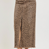 Leopard print skirt with a front slit on a white background